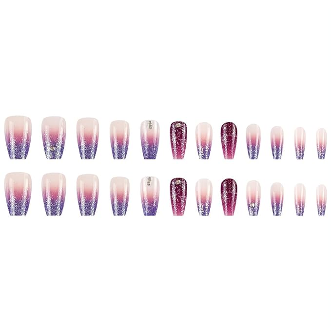Medium Press on Nails Coffin Square Shape Fake Nails Purple Gradient Acrylic Glossy Glue on Nails with Glitter Designs French Tip Nails Short Stick on Nails Artificial Nails for Women Girls, 24Pcs