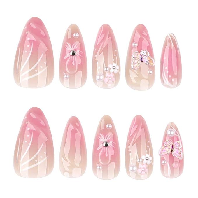 Almond Press on Nails -Soft Gel Medium Pink Fake Nails French Glossy Butterfly Artificial Nails 3D Flower Design Nails Clear,24pcs