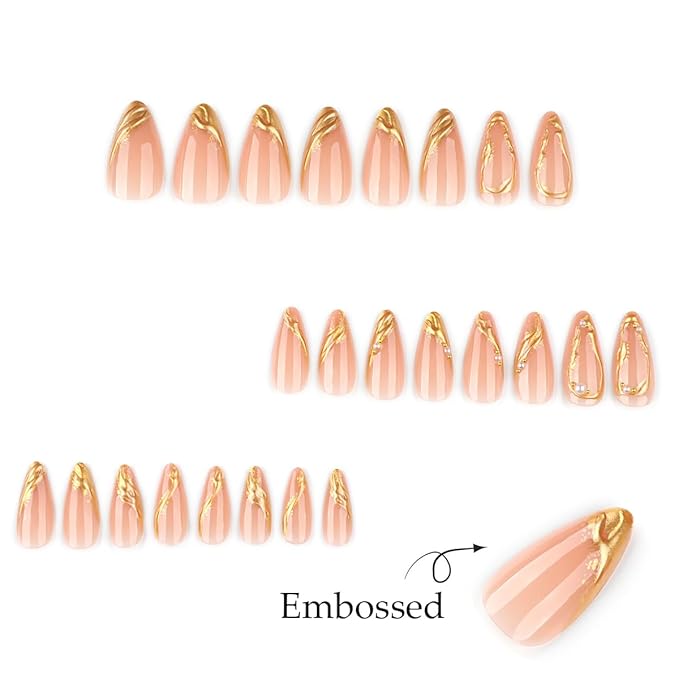 24Pcs Gold French Tip Press on Nails Medium Almond Fake Nails with 3D Gilding Frame Designs Irregular Gold False Nail Full Cover Stick Glue on Nails Beads Pearl Charms Nude Acrylic Nails for Women