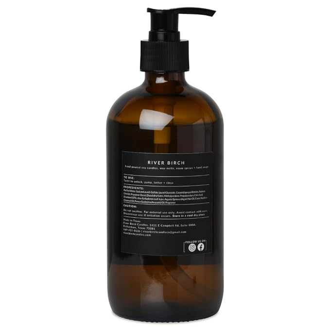 River Birch Tobacco Sandalwood Scented Natural Hand Soap - Handmade Soap - Moisturizing Hand Wash with Amber Glass Dispenser - Luxury Scented Hydrating Hand Soap - Vegan and Non-Toxic - 16 Fl Oz