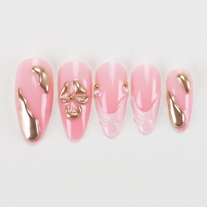 Press on Nails Almond Fake Nails Pink Gold Line Design 3D French Tip False Nails with Glue on Nails Medium Acrylic Nails Glossy Full Cover Stick on Nails for Women Manicure 24Pcs
