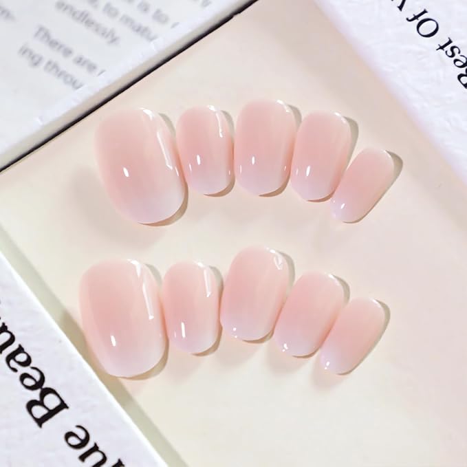 Pink Ombre Press-On Nails, Medium Short Square Shape, Glossy Gel Finish, 24pcs Reusable Nude Gradient Fake Nails Kit for Women, Natural Stick-On Acrylic Nails for DIY Manicure