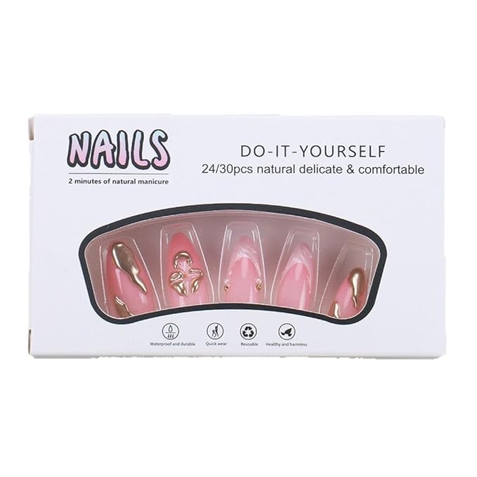 Press on Nails Almond Fake Nails Pink Gold Line Design 3D French Tip False Nails with Glue on Nails Medium Acrylic Nails Glossy Full Cover Stick on Nails for Women Manicure 24Pcs