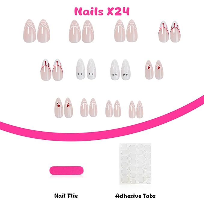 24Pcs Spider Web Press on Nails Medium Almond French Tip Fake Nails Horror Bloody Drop Full Cover Tip Glue on Nails Artificial Reusable Cute Ghost False Nails Stick on Nail for Women Acrylic DIY