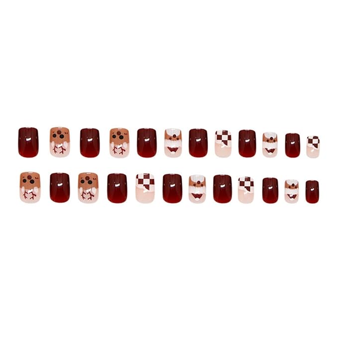 Christmas Press on Nails Short Square False Nails with Cute Elk Santa Claus Design Red Glossy Glue on Nails Full Cover Removable Artificial Stick on Nails for Women 24 Pcs