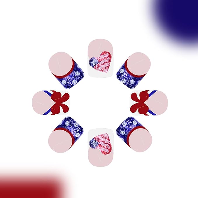 24Pcs Independence Day Press on Nails Short French Tip Fake Nails 4th of July Glue on Nails Glitter Heart American Flag Acrylic Nails Bow Nails Tip Cute False Nails Patriotic Stick on Artificial Nails