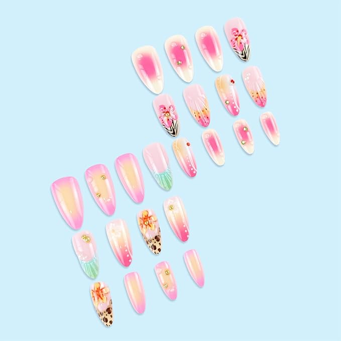24pcs Pink Press on Nails Medium Almond Fake Nails with 3D Flower Pearl Water Drop Designs Gold Beads Glue on Nails French Tip False Nails French Gradient Full Cover Stick on Nails for Women