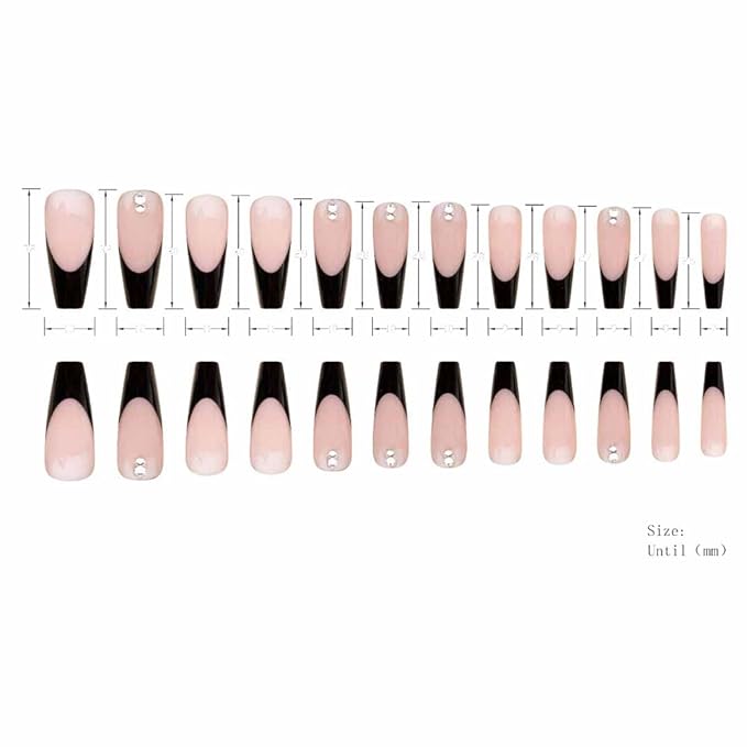 French Tip Press on Nails Long Acrylic Nails Black Fake Nails Coffin Nails with Rhinestones