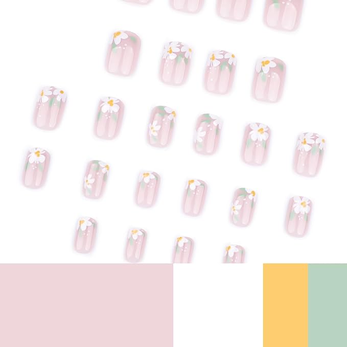 Spring Press on Nails, Pink French Manicure Fake Nails with White Daisy Floral Designs, Short Square Shape Artificial Nails, Cute Stick on Nails for Women Girls, 24 Pieces