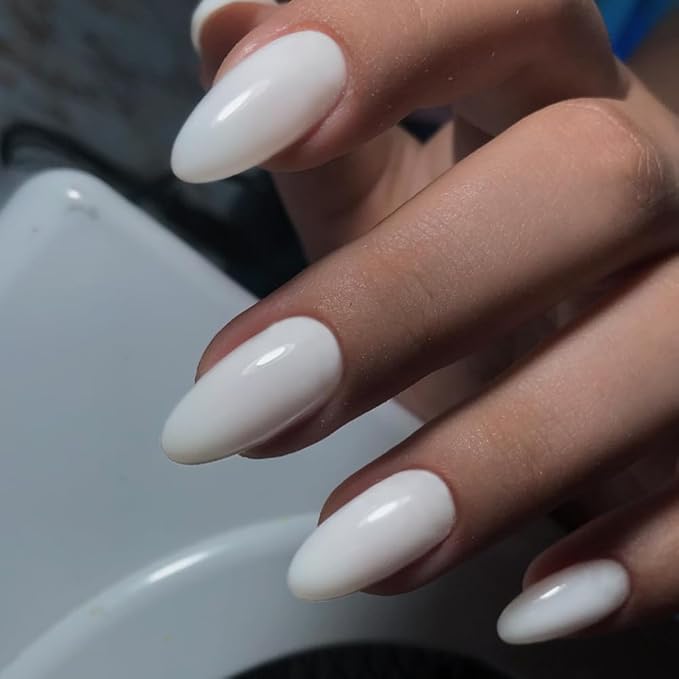 White Press on Nails Short Almond Fake Nails Press ons, Thick Solid Color Glue on Nails Short False, Medium Almond Oval Round Shaped for Women, 24Pcs Natural Acrylic Gel Nail