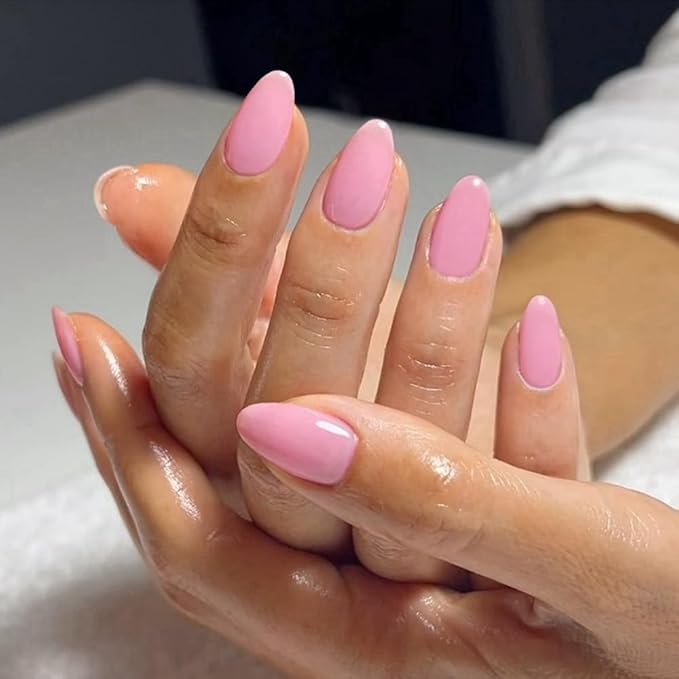 Pink Press on Nails Short Almond Fake Nails Press ons, Thick Solid Color Glue on Nails Short False Nails, Medium Almond Nail Oval Round Shaped for Women, 24Pcs Natural Acrylic Gel Nail