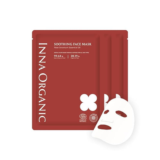 INNA ORGANIC Sheet Mask - After sun care & Soothing｜EWG & COSMOS certified (Pack of 3) | Rose Geranium Essential Oils Infused Skin Care | Luxury Clean Beauty