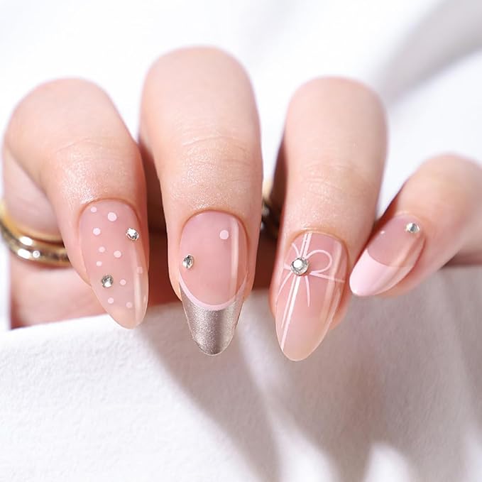 French Tip Press on Nails Medium Almond Fake Nails Bow Charms Full Cover Stick on Nails Nude Pink False Nails with Pearl Rhinestone Nail Tips Designs Acrylic Nails for Women Girls 30 Pcs