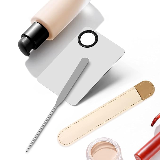Honbay 1PCS Stainless Steel Makeup Spatula and 1PCS Makeup Mixing Palette with PU Leather Cover for Cosmetic Foundation Pigment Blending