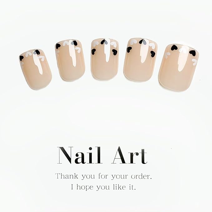 Short Square French Tip Fake Nails with Heart Love Design - Cute Nude Nature Squoval False Glossy Glue on Nails 24 Pcs
