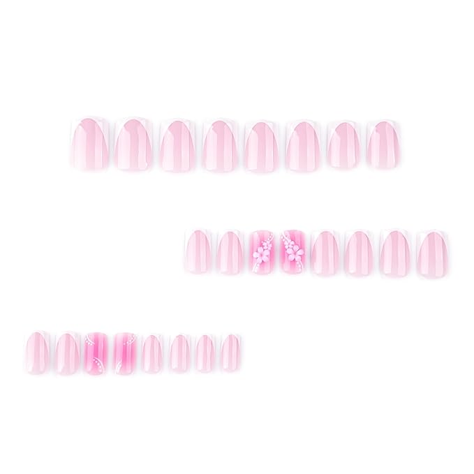 Deep French Tip Press On Nails Spring Summer Acrylic Nails for Women -3D Pink Flower Designer Fake Nails Short Square 24Pcs, Outing/Party Reusable Glue On Stick On Nail Gift For Women