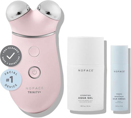 NuFACE Trinity+ Microcurrent Facial Device Kit - FDA Cleared Face Sculpting & Neck Tightening Device to Contour Cheeks & Brows + Microcurrent Gel Activator & Silk Creme - Sandy Rose