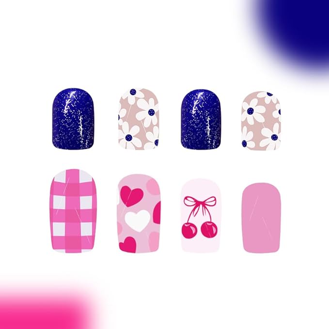 2 Packs 48Pcs Square Press on Nails Short Flowers Acrylic Fake Nails Blue Pink False Nails Squoval Artificial Nails with Design Floral Bow Heart Glue on Nails Press ons for Women Spring Manicure Set
