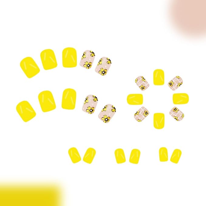 Flower Press on Nails Short Square Fake Nails Yellow False Nails Floral Glossy Full Cover Acrylic Nails Summer Glossy Glue on Nails Cute Shiny Artificial Stick on Nails for Women Manicure 24 Pcs