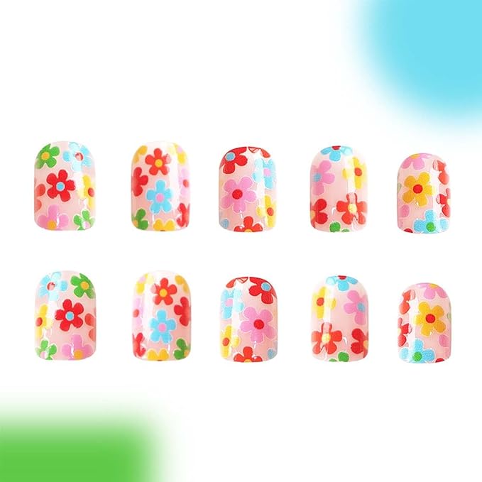 Square Press on Nails Short Fake Nails Cute False Nails with Colorful Flower Design Acrylic Artificial Nails Glossy Glue on Nails Full Cover Stick on Nails for Women Manicure Art 24Pcs