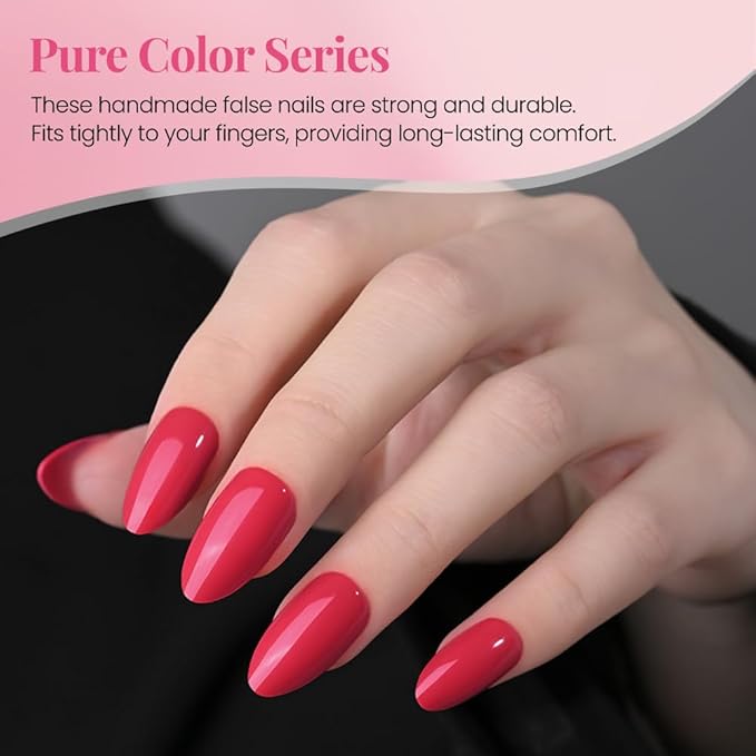 evpct Glossy Press on Nails Short Almond Short for Women, Red Fake Nail with Glue Salon Quality Reusable Stick on Nails In 15 Sizes 30Pcs Full Cover False Nail Soft Gel Set Kit for Gift, 21