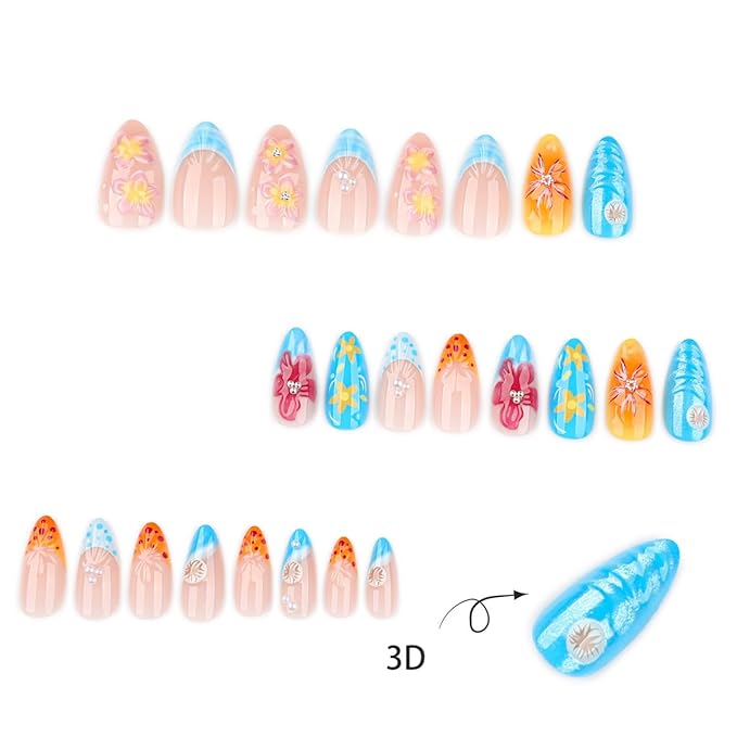 24 Summer Starfish Press on Nails Medium Almond French Tip Fake Nails 3d Flower Sea Shell Design with Rhinestones Pearl Full Cover Acrylic Colorful Flower False Stick on Nail for Women Manicure Salon