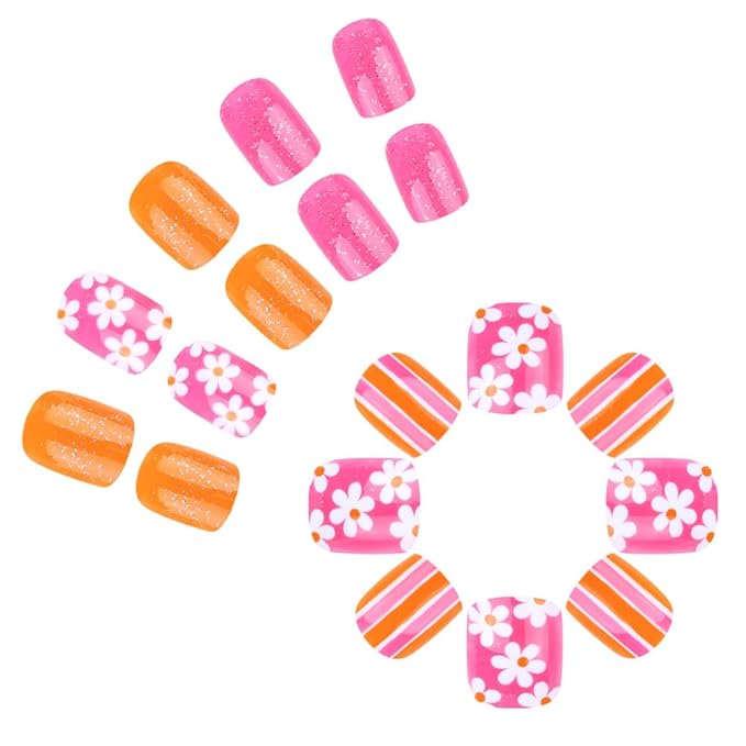 Flower Press on Nails Short Square Fake Nails Colorful Glitter Design Acrylic Nails Spring Summer Flowers False Nail Tips Cute Floral Glue on Nails Reusable Stick on Nails for Women and Girls 24Pcs
