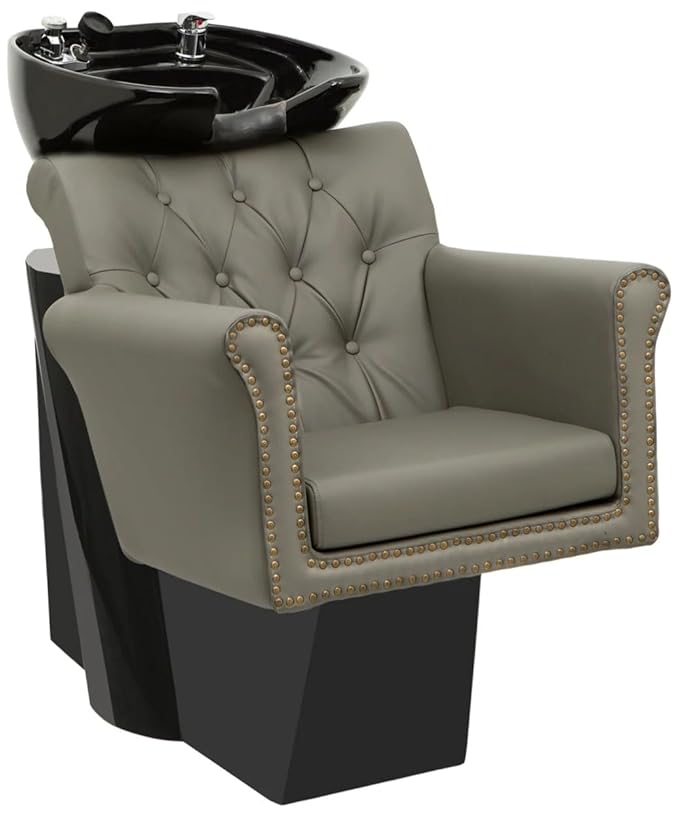 Buy-Rite Chelsea Shampoo Backwash Station - Gray Tufted Chair & Tilting Porcelain Bowl, Brass Nailhead Trim, Removable Cushion, Full Hardware Kit - NIN-9902BW-GRY