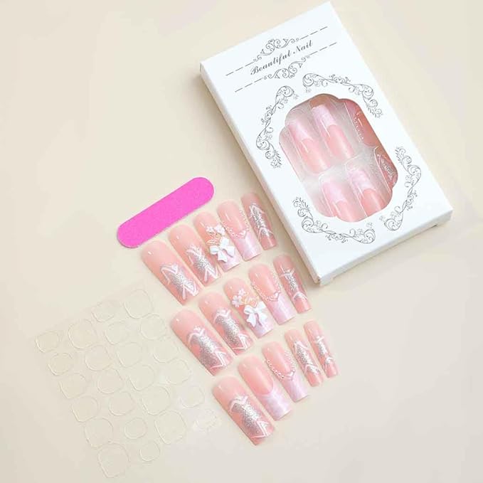 Pink Press on Nails Long,3D Pearl Fake Nails Square Bling Glossy Rhinestone False Nail Tips Artificial Nails for Women and Girls-24pcs