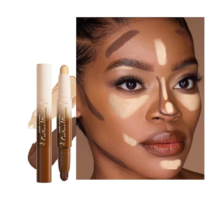 2in1 Cream Contour Highlighter Stick, Neutral Bronzer Makeup Sticks, Applies Dual-Ended Sculpting Stick for Face Body, Long Lasting Waterproof No Smudging, Suitable for Makeup Beginners- Rich