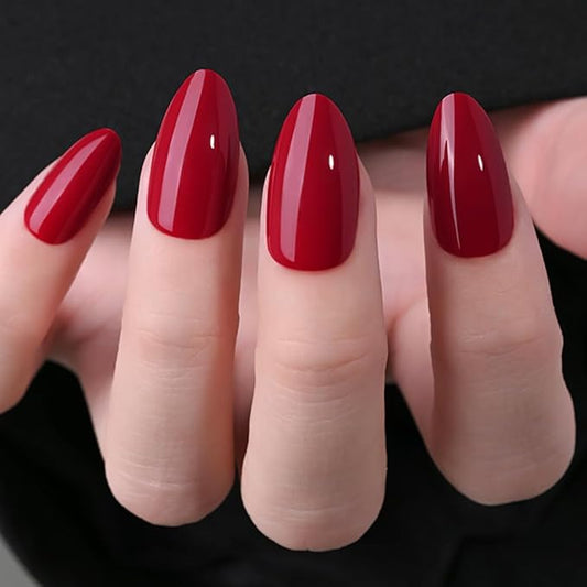 evpct Glossy Press on Nails Short Almond Short for Women, Dark Red Fake Nail with Glue Salon Quality Reusable Stick on Nails In 15 Sizes 30Pcs Full Cover False Nail Soft Gel Set Kit for Gift, 27