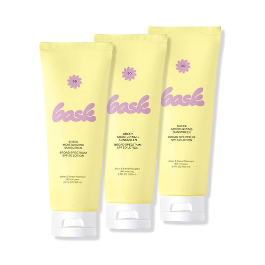 Bask Suncare SPF 50 Sheer Moisturizing Sunscreen Lotion - Broad Spectrum UVA/UVB Protection, Dermatologist Recommended, Hydrating, Lightweight & Non-Greasy, Travel Size (Value Pack of 3)