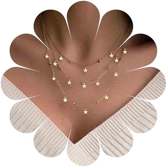 Vintage Layered Star Dangle Necklace Star Pendant Necklace Tiny Star Necklace Gold Bead Chain Necklace Jewelry for Women