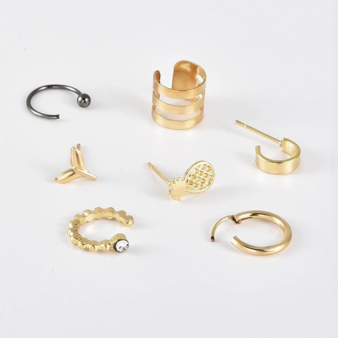 Bohemia Pineapple Mermaid Tail Studs Earrings Gold Wide Cuff Earrings Fake Helix Ear Cuff Earrings Gold Cartilage Clip on Wrap Earrings Non pierced Multiple Earrings Set Set for Women and Girls