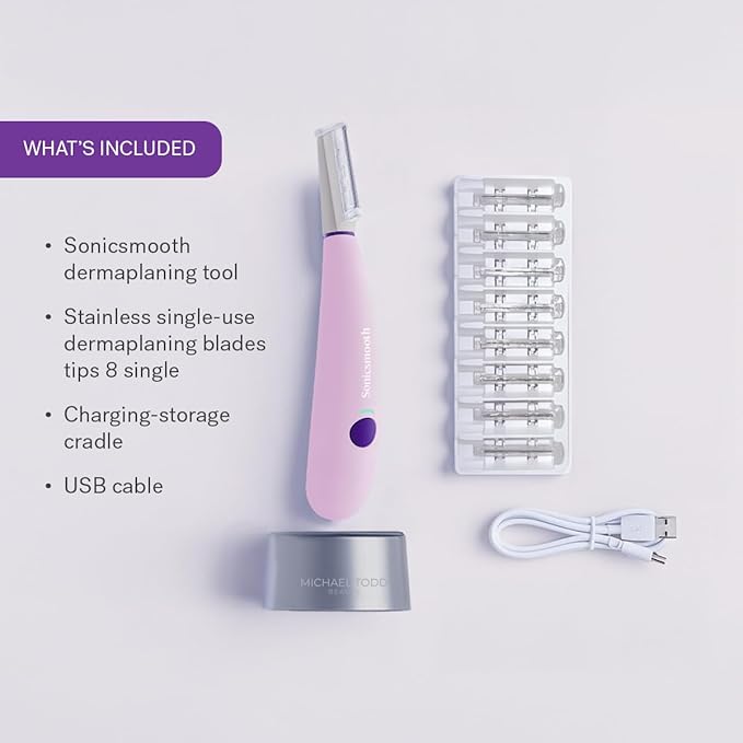 Michael Todd Beauty Sonicsmooth Dermaplane Razor for Women Face + Eyebrow trimmer Dermaplaning System - Peach Fuzz Remover - 8 Weeks of Dermaplaning Blades