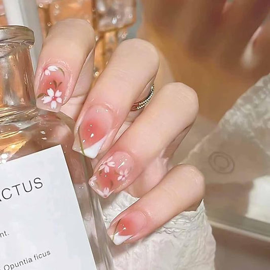 RikView Square Press on Nails Medium Fake Nails Pink Nails with Flowers Design Glossy Nails for Women 24 PCs/Set