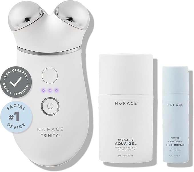 NuFACE TRINITY+ Microcurrent Facial Device Kit - FDA Cleared Face Sculpting & Neck Tightening Device to Contour Cheeks & Brows + Microcurrent Gel Activator & Silk Creme
