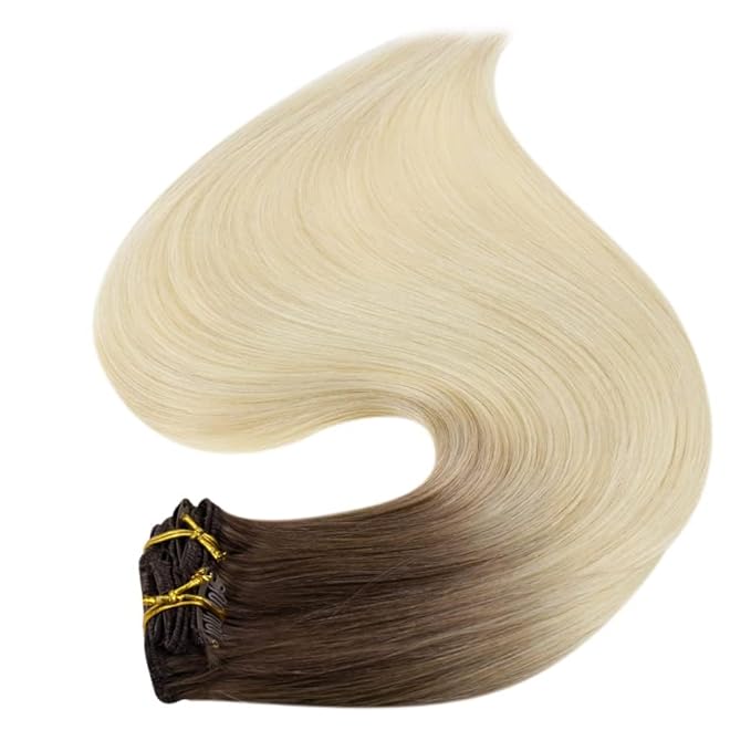 Full Shine Blonde Ombre Clip in Hair Extensions Real Human Hair Dark Brown to Bleach Blonde Hair Clip in Extensions Remy 120 Grams 14 Inch