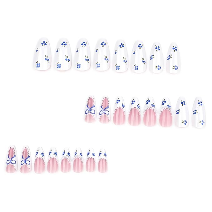 24Pcs Blue Bow Press on Nails Almond Medium Fake Nails Silver Pearl French Tip False Nails with Flower Design Full Cover Artificial Glue on Nails Nude Stick on Nails for Women DIY Manicure Decoration