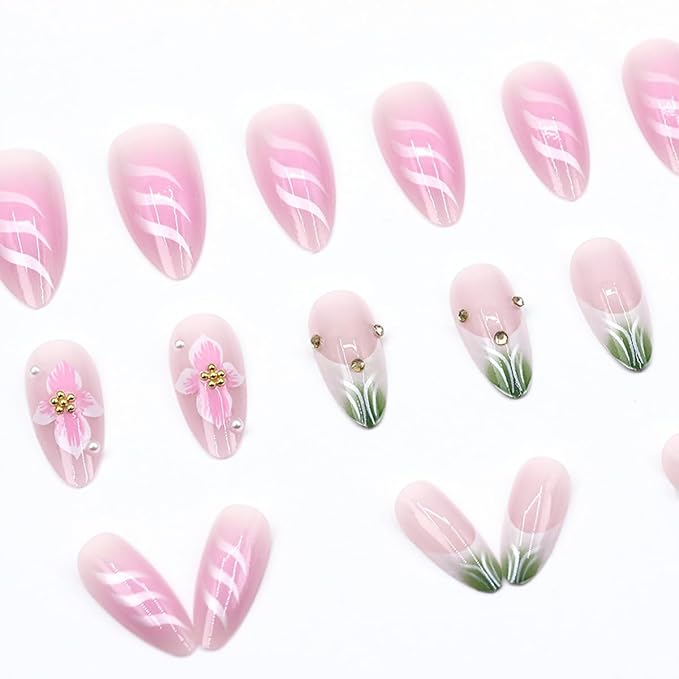 24Pcs Flower Press on Nails Medium Almond Fake Nails 3D Flower with Gold Beads Design Full Cover Pink Gradient Glue on Nails Reusable Spring Nails with French Tip False Nails for Women Acrylic Nails