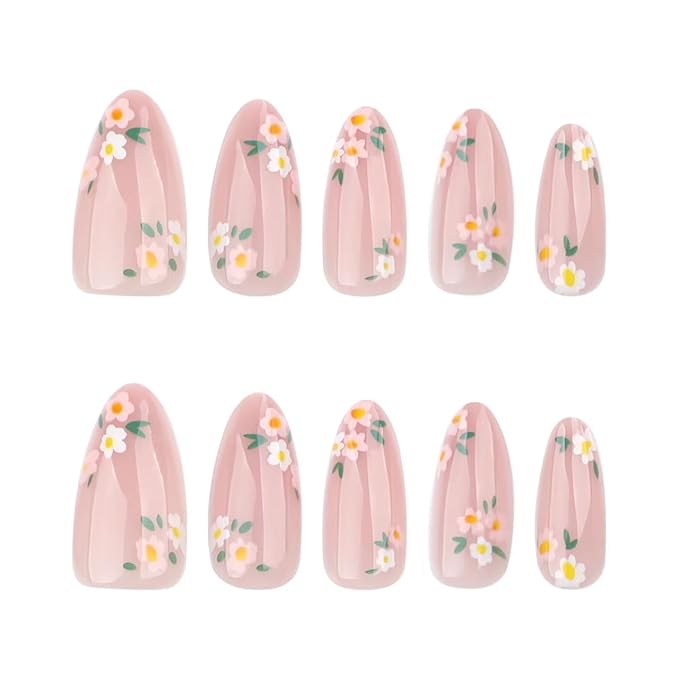 Small Flower Press on Nails Nude Full Cover Fake Nails Medium Almond False Nails with Design Spring Summer Nail Reusable Artificial Acrylic Stick on Nails for Women Manicure 24Pcs