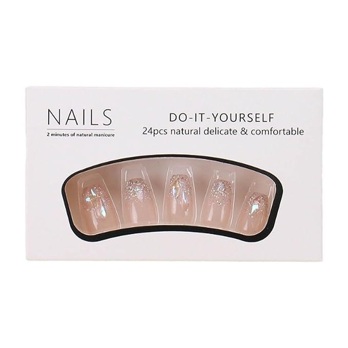Hkanlre Bling Coffin Press on Nails Fake Nails Tips Full Cover Medium False Gradient Nails for Women and Girls 24PCS (Nude rhinestones with bling)