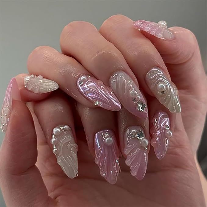 24Pcs Pink Gradient Press on Nails Medium Almond Fake Nails with 3D Pearl Star Shape Rhinestones Shell Design White Pink Nude Ombre French Tip Acrylic False Nails Glue on Nails for Women