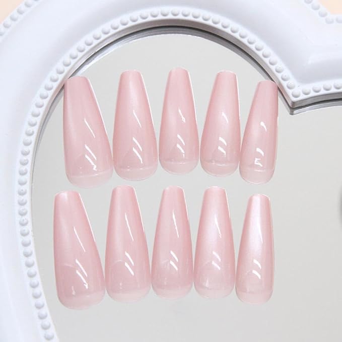 Press on Nails Long Pink Fake Nails Coffin Bling Glossy False Nail Tips Artificial Nails Finger Manicure for Women and Girls-24pcs