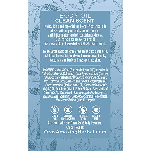 Ora's Amazing Herbal Natural Body Powder and Oil Set, Dusting Powder, Body Oil, No Talc, Corn, Grain, Gluten, Clean Scent 2.5 oz with Travel Size Clean Scent Oil 2 oz