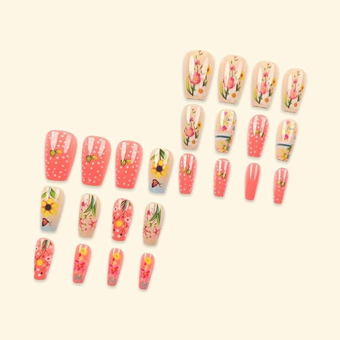 Medium Coffin Press on Nails with Flower Design Cute False Nails Pink Fake Nails Gift for Women 24pcs Kit