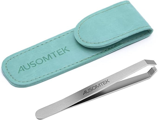 Beard Tweezers, White Hair Plucking Tweezers, Stainless Steel, Fine Hair Removal Tweezers, Eyebrows Shaping Tool, 5mm Tip, Cyan PU Case 1Pack, Silver, 1.0 Count, (BRTW-SSS-96WDQP)