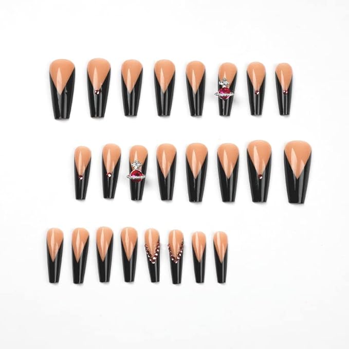 Long Press on Nails Square Fake Nails French Tip False Nails Black Artificial Nails with Designs Stick on Nails for Women 24pcs
