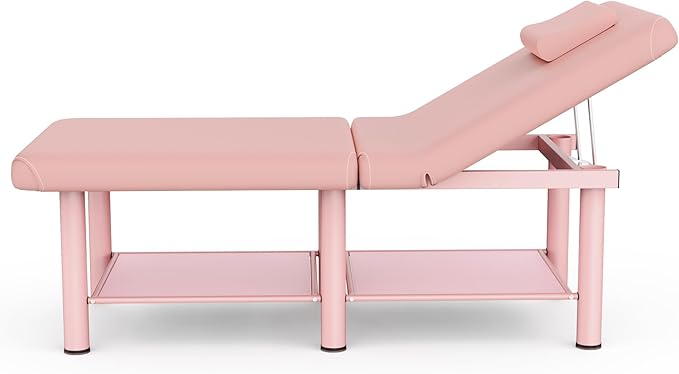 Folding Stationary Massage Table with Backrest and Storage Space, 6 Round Legs Metal Frame PU Leather, 30.5'' Wide × 75'' Long for Treatment Table Physical Therapy Table Spa Facial Bed, Pink