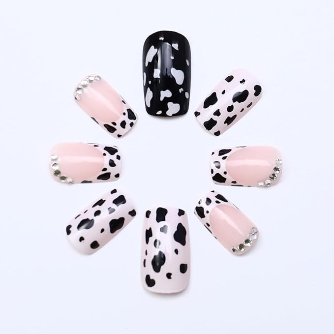 24Pcs Cow Press on Nails Short Square French Tip Fake Nails with Glitter Rhinestones Design Black White False Nails Full Cover Glue on Nails Glossy Leopard Cute Stick on Nails for Women DIY Acrylic